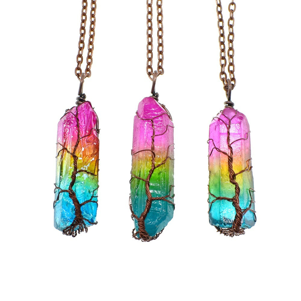 Web Based Stone Crystal Pillar Tree Of Life Pendant Ins Fashion Necklace