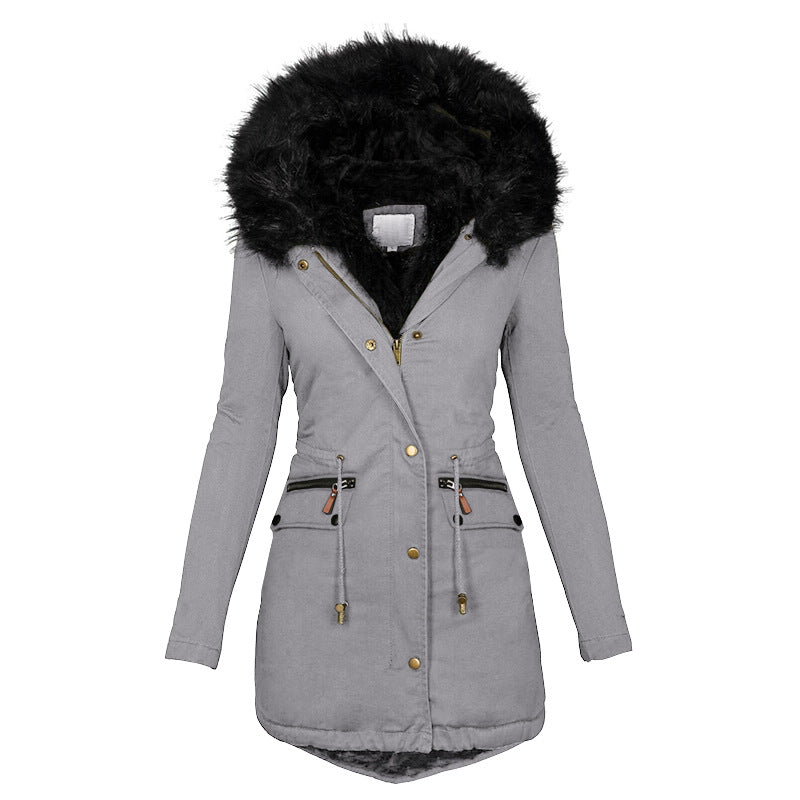 Web Based Women's Plush Hooded Parkas Winter Warm Thick Zip-up Jackets Casual Mid-length Solid Buckle Pockets Coat Outerwear Clothing