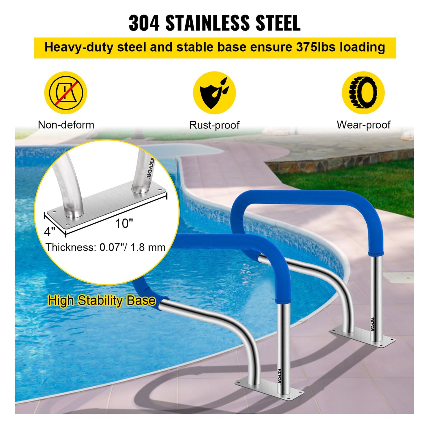 Web Based Pool Handrail, 32 X 22.5 Swimming Pool Stair Rail, 304 Stainless Steel Stair Pool Hand Rail Rated 375lbs Load Capacity, Pool Rail With Quick Mount Base Plate, And Complete Mounting Accessories