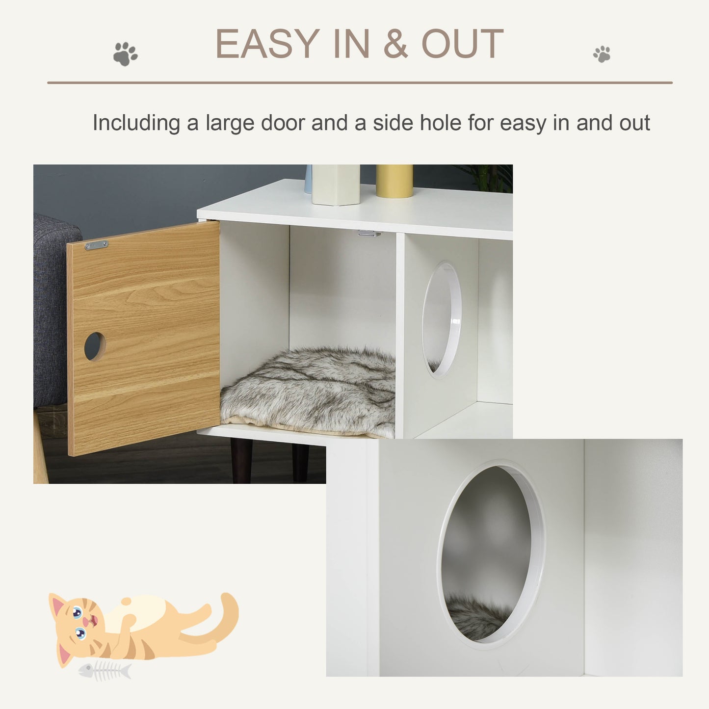 Web Based Wooden Cat House with Soft Cushion, Decorative Kitten Condo Side Table, Elevated Pet House with Storage Space