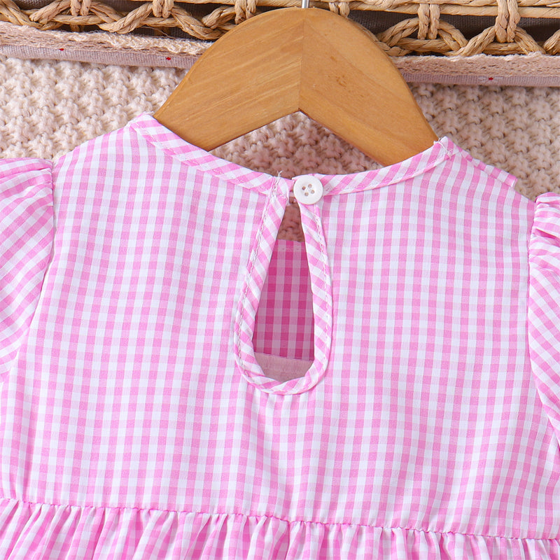 Web Based Toddler Girl's Lapel Bubble Sleeve Dress, Checkered Pattern & Bunny Embroidery A-Line Summer Dress