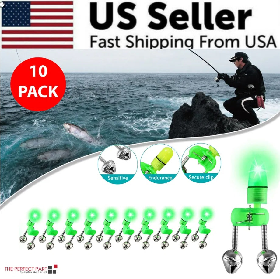 Web Based LED Night Fishing Bite Bait Alarm 2 Bells Light Rod Tip Clip Alert Ring
