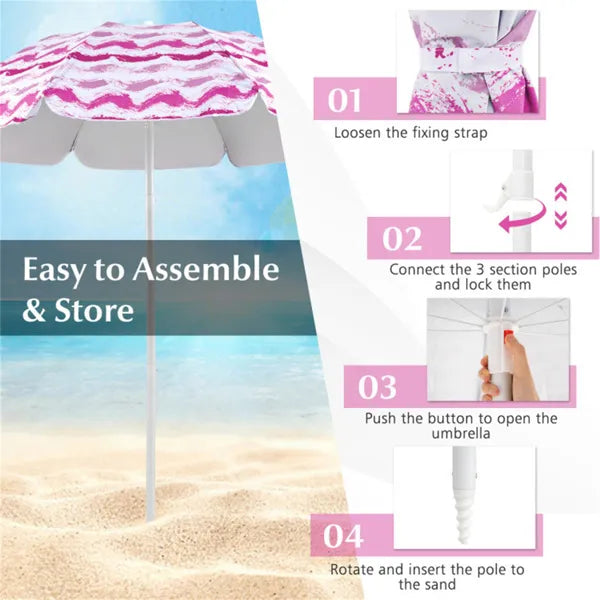 Web Based 4-Piece Beach Set With 6.2ft Sun-Proof Umbrella, 2 Folding Chairs & 80 X 80 Waterproof Blanket-Pink