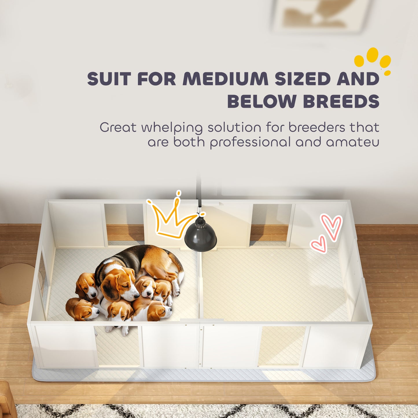 Web Based Whelping Box for Dogs w/ Retractable Light Stand, Waterproof Pee Pad & Adjustable Height Door for Medium Breed Dogs