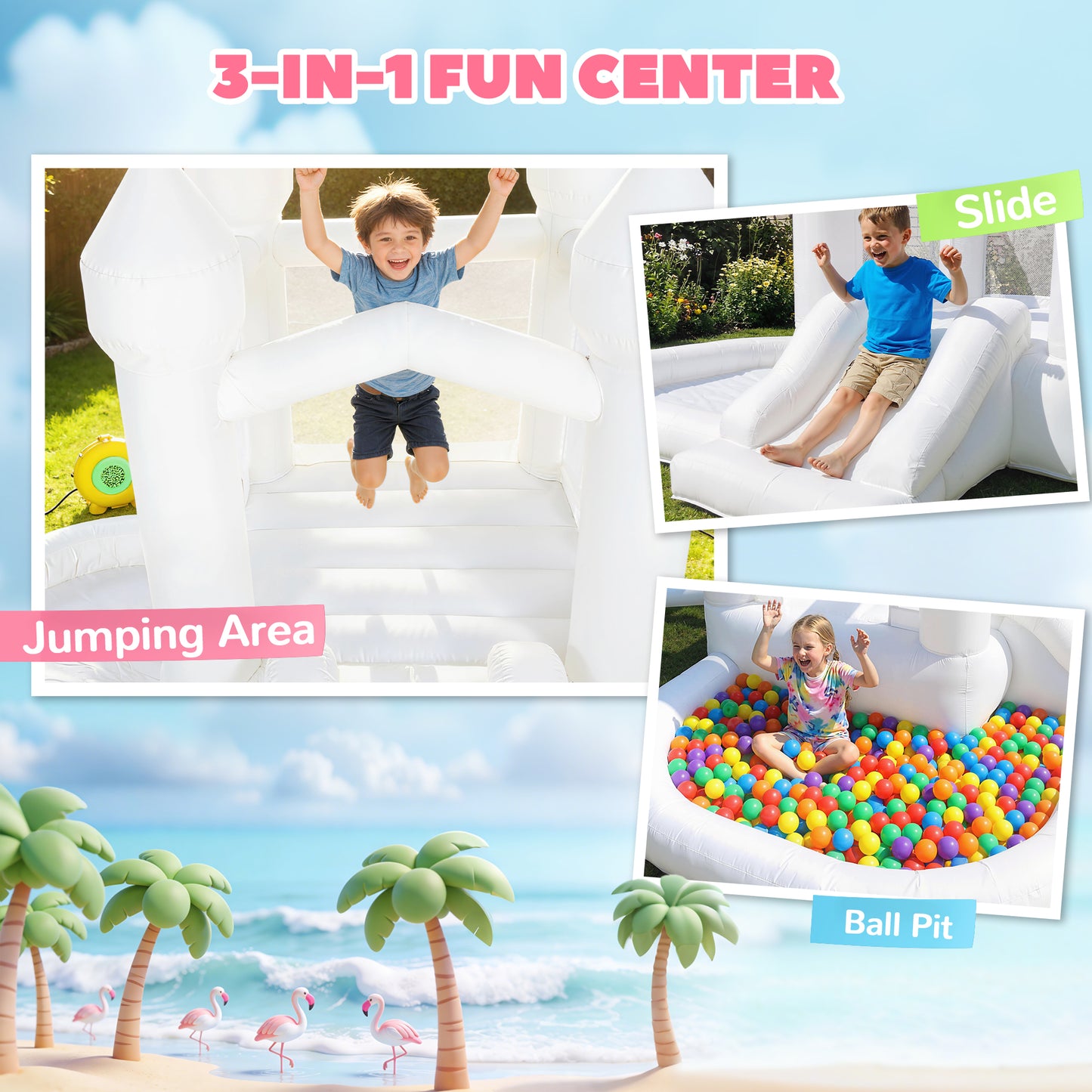 Web Based Inflatable Bounce House, 3-in-1 White Castle Bouncy House with Slide, Ball Pit and 370W Blower for Kids Ages 3-8, White