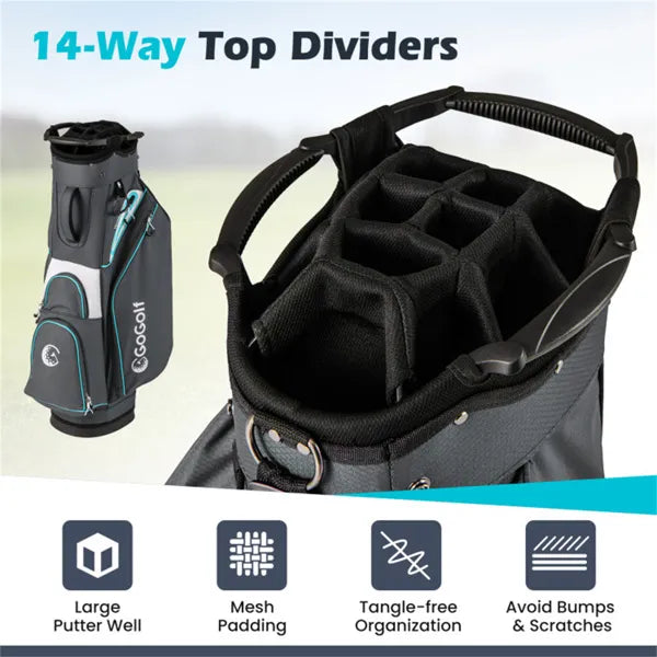Web Based 14-Way Golf Cart Bag - 6 Zippered Pockets+Cooler Pocket, Waterproof Zippers, Gray+Blue