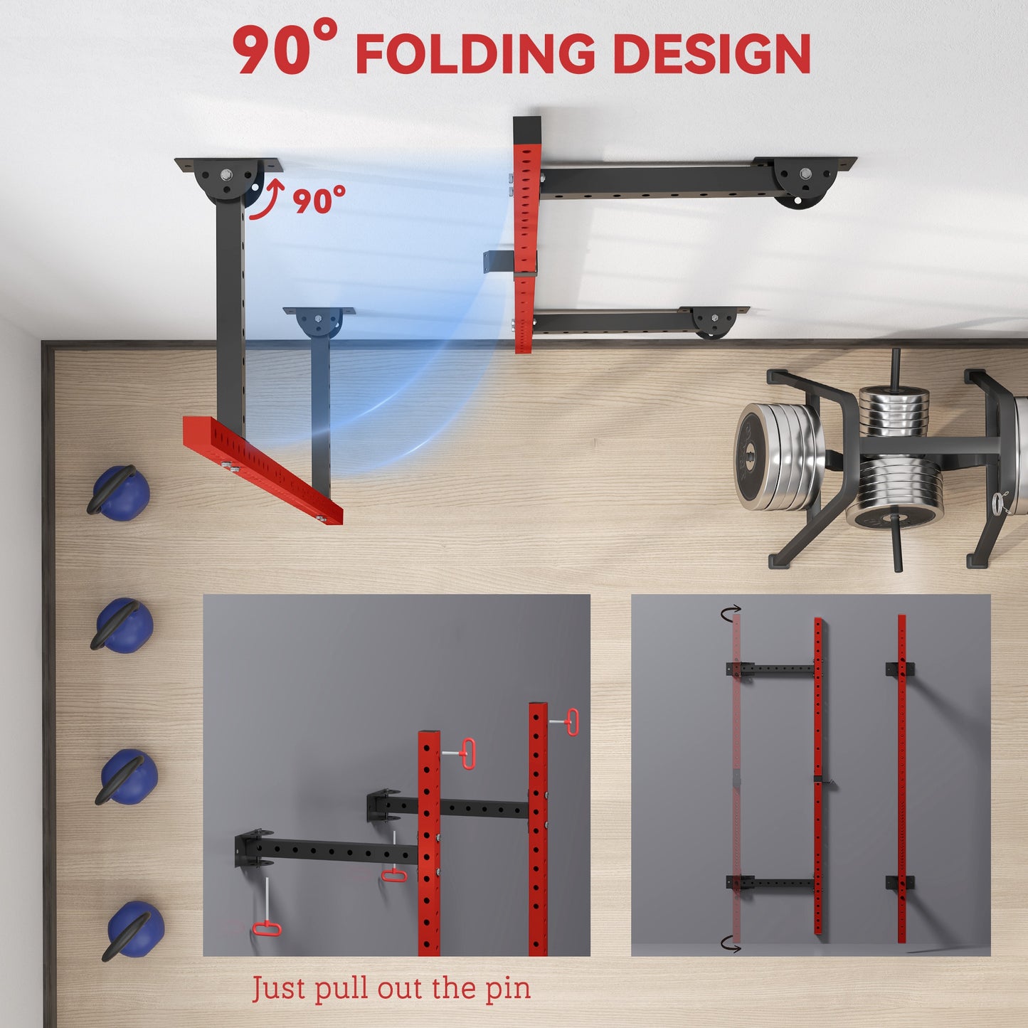 Web Based Folding Squat Rack with Pull Up Bar, Wall Mounted and Adjustable, 1000 Pounds Capacity Power Rack, Red