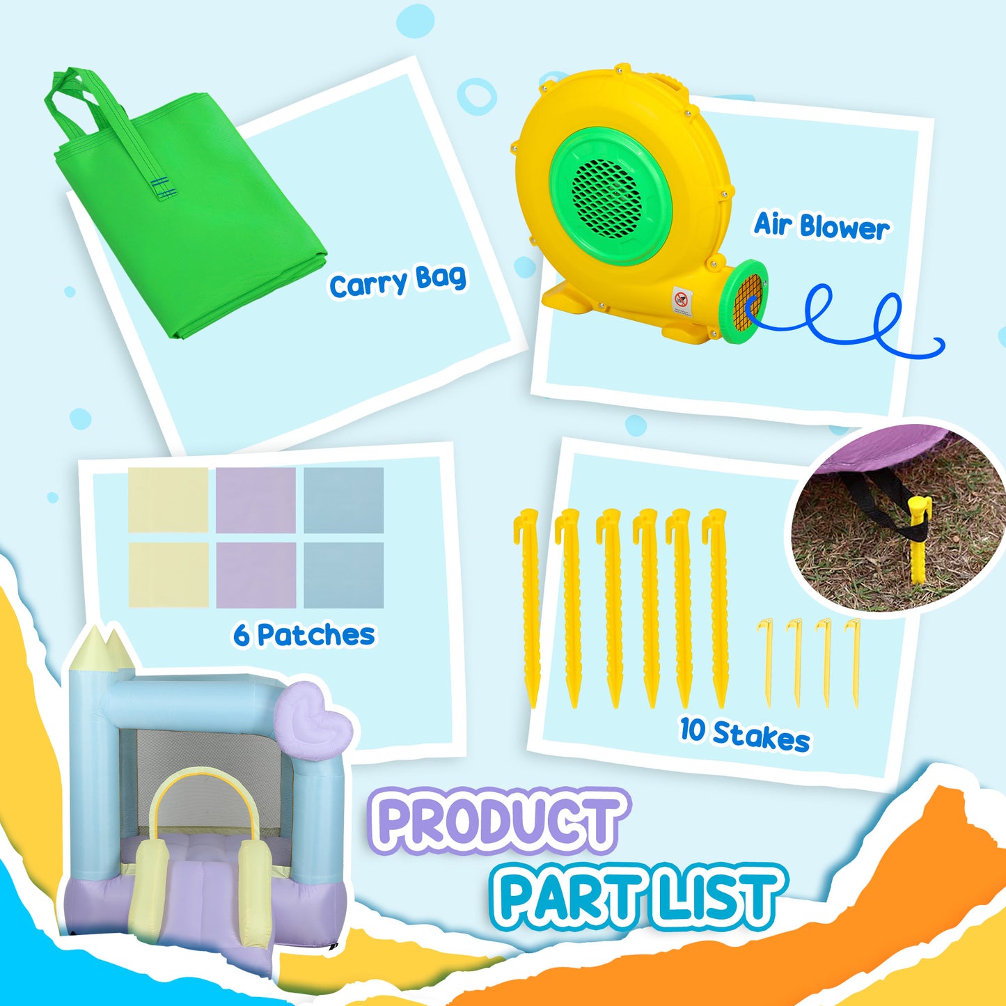 Web Based Inflatable Bounce House with Air Blower, Slide, Stakes, Repair Patches, Storage Bag, for Kids Ages 3-8, 98" x 65" x 79"