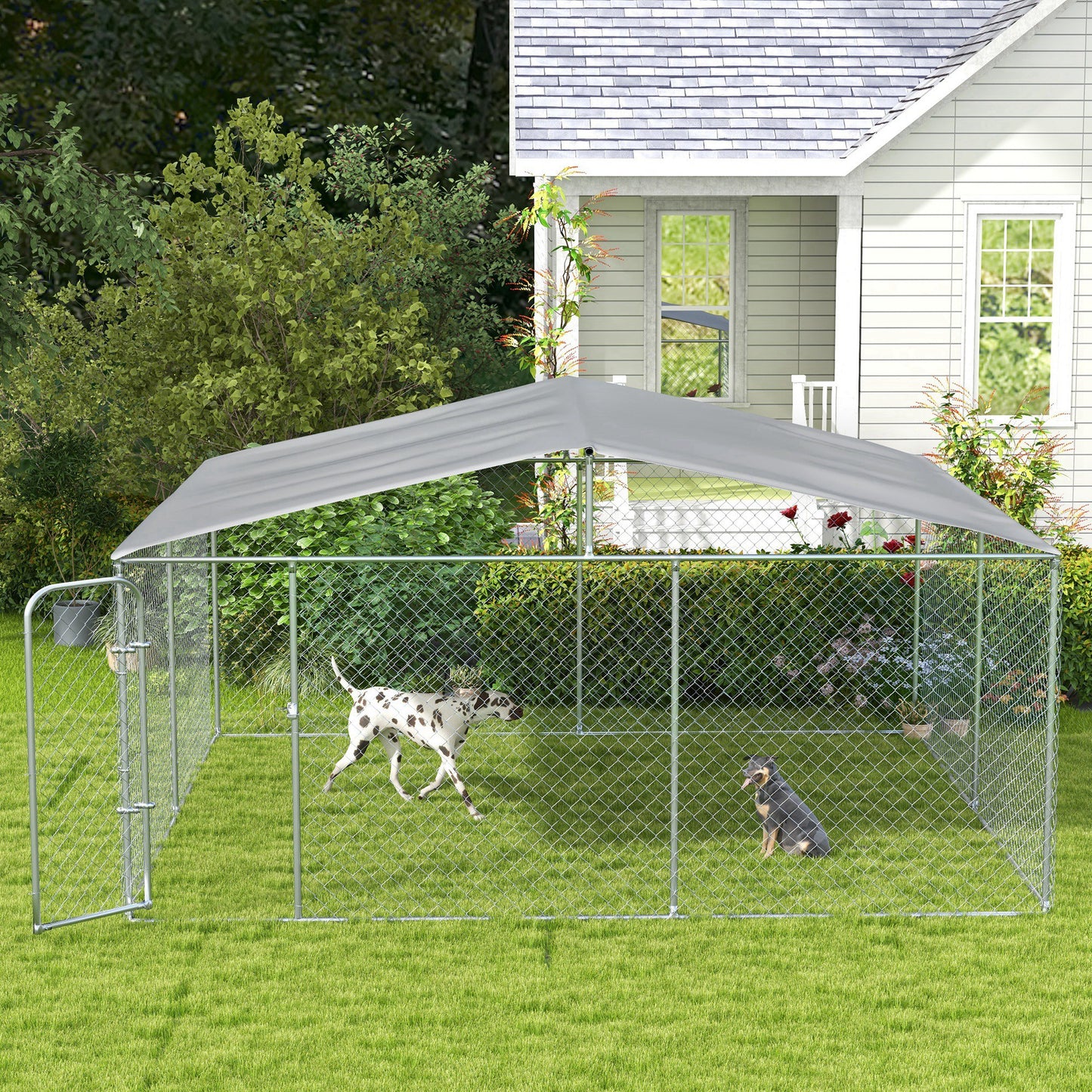 Web Based 15x15 Dog Kennel with Cover, Secure Outdoor Dog Fence, Galvanized Steel Frame for Backyard, Green