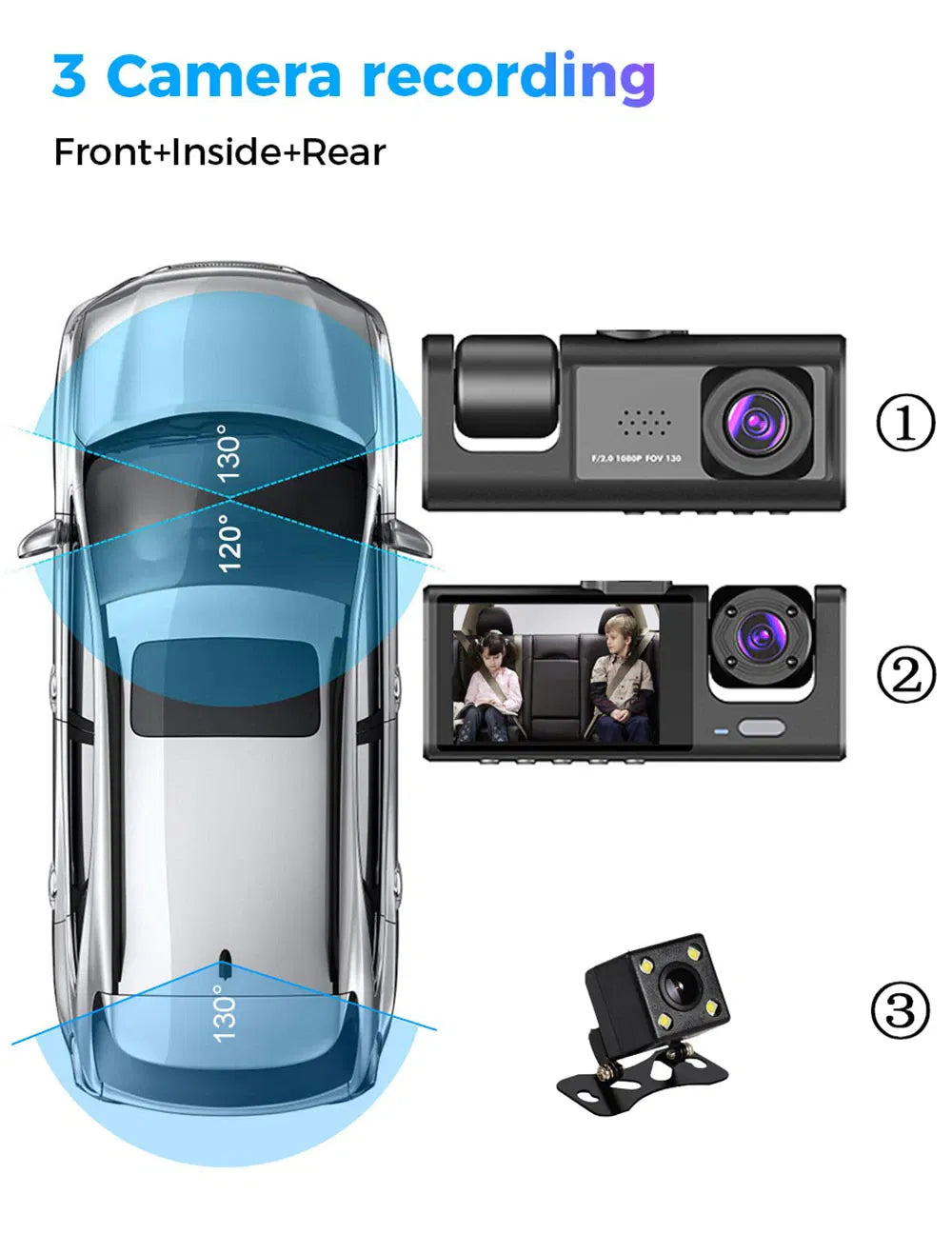 Web Based Car Dual Lens Dash Cam HD 1080P Front Rear Inside Video Recorder Camera G-Sensor