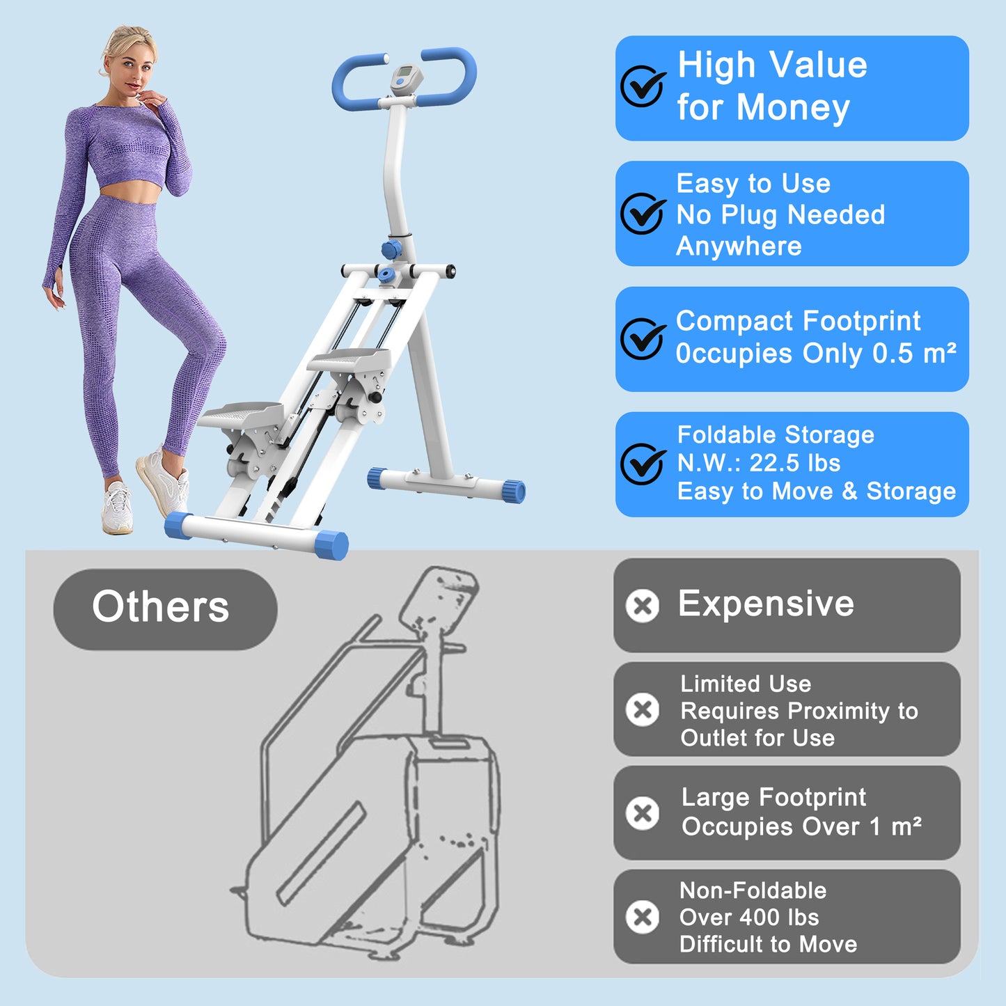 Web Based Stair Stepper With Resistance Home-Upgrade Vertical Climber Workout Machine For Full-Body Exercise Climber Fitness Equipment With Stable Frame Adjustable Handlebar-Blue