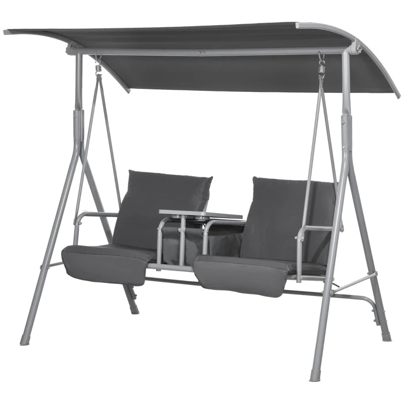 Web Based 2-Seater Outdoor Porch Swing With Canopy And Table, Patio Swing Chair For Garden, Poolside, Backyard, Gray