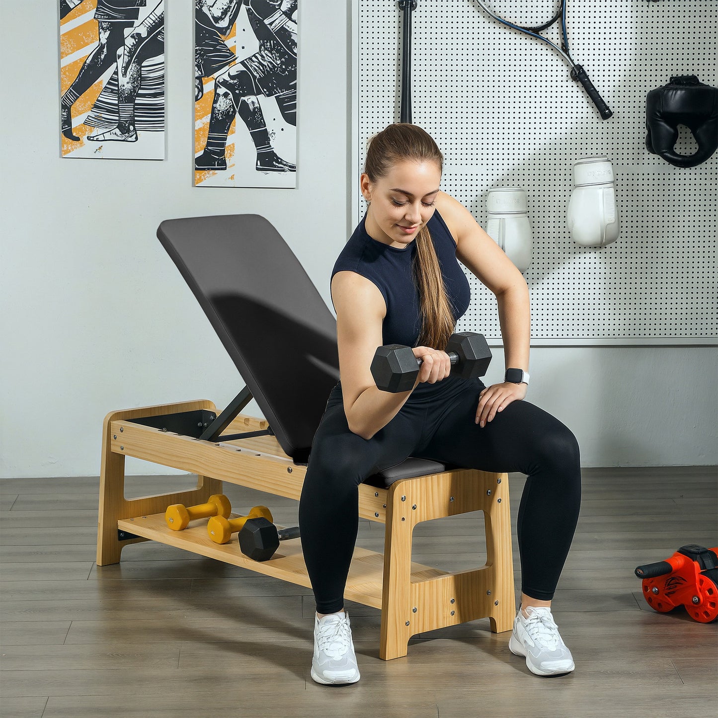 Wab Based Wooden Adjustable Weight Bench with Dumbbell Rack, Flat or Incline Workout Bench for Home Gym Weight Lifting, Black