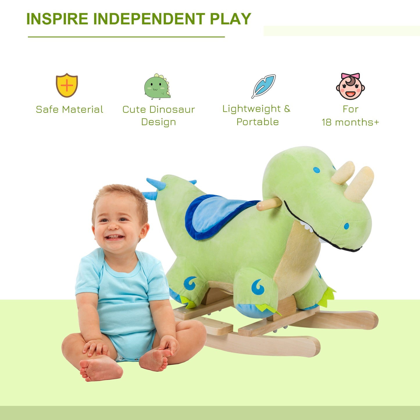Web Based Kids Plush Ride-On Rocking Horse Toy Dinosaur Ride on Rocker Green with Realistic Sounds