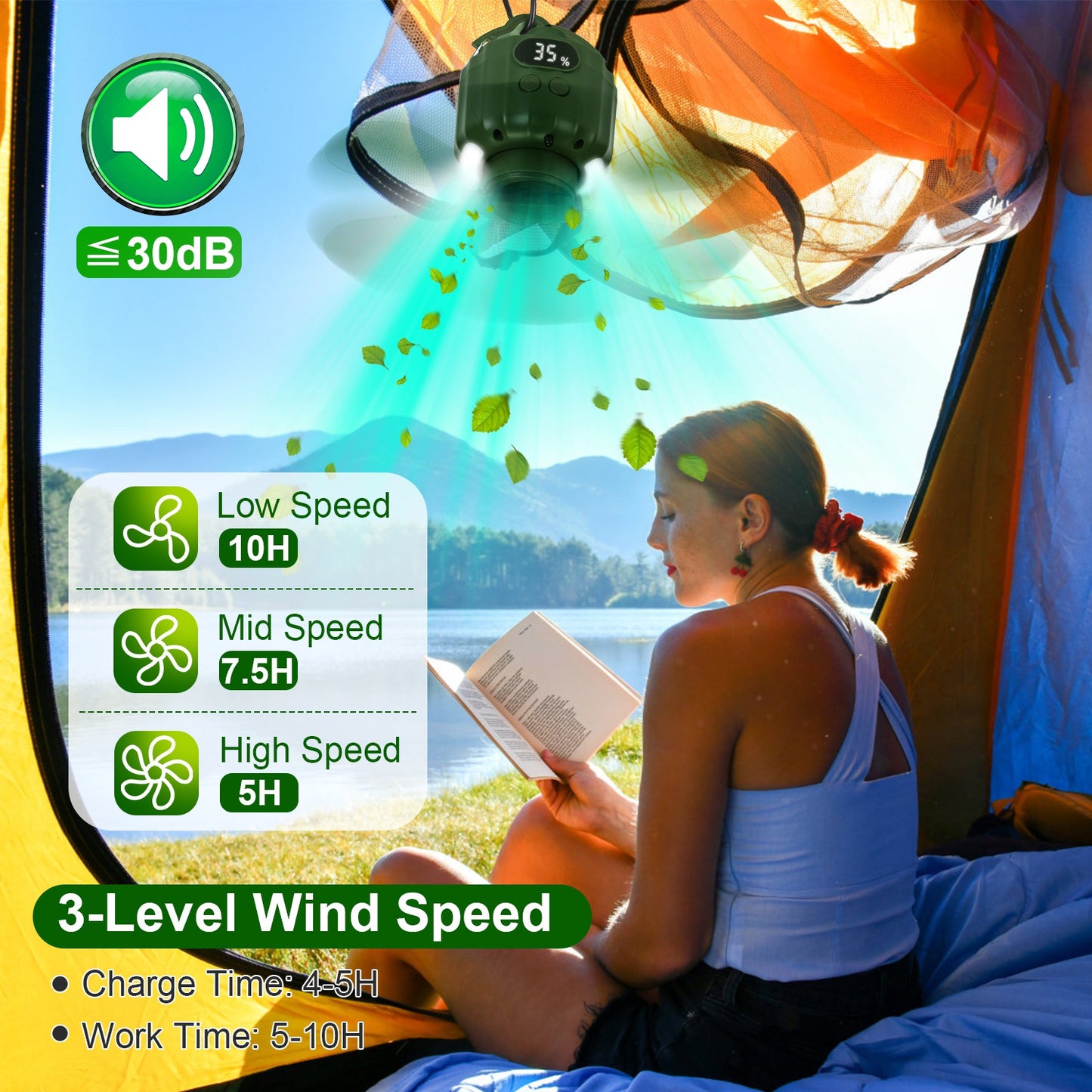 Web Based Portable Camping Ceiling LED Fan  USB Battery Powered Hanging Tent Lantern Fan Power Bank With 3 Fan Speed 3 Light Brightness Smart Timer Remote Control