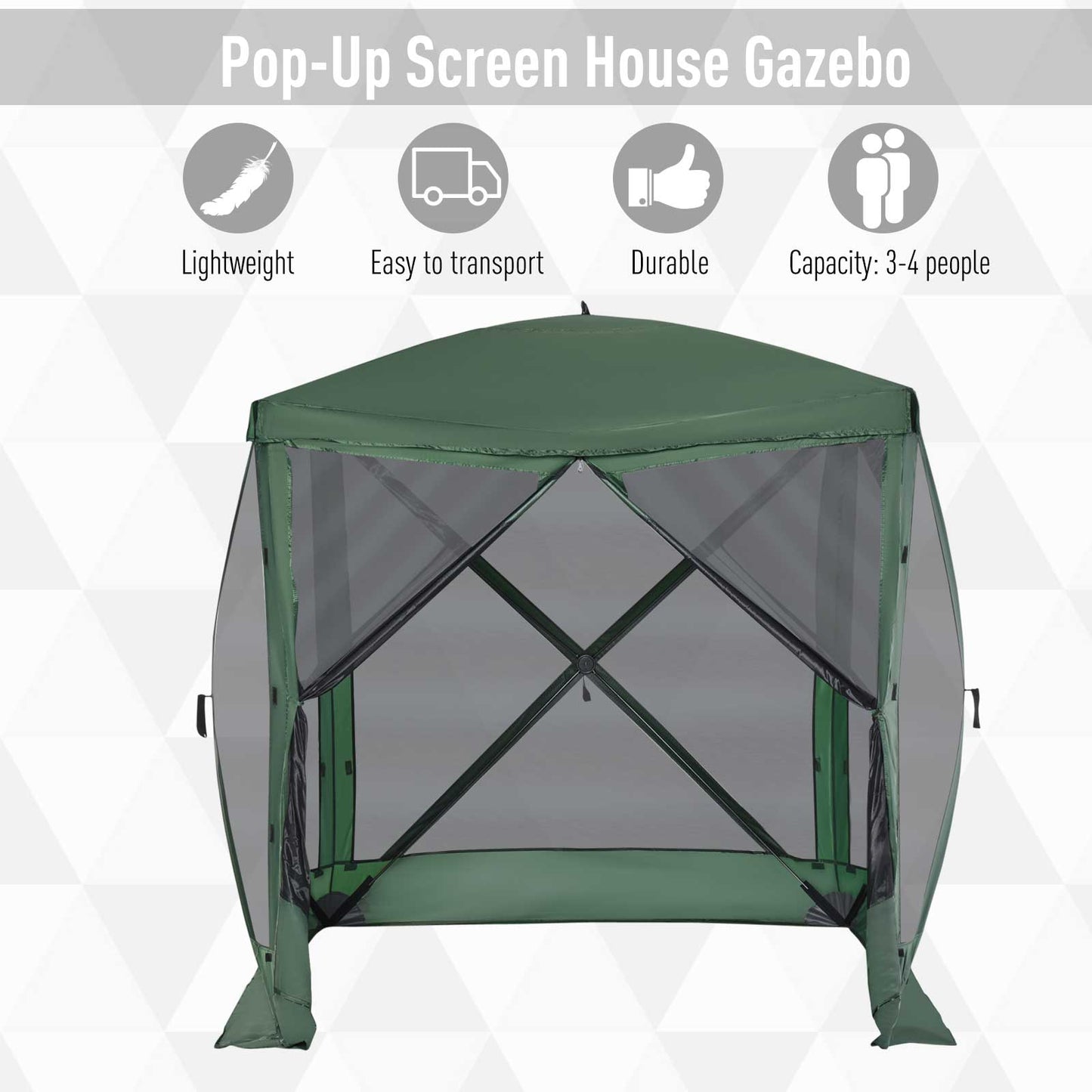 Web Based Pop Up Camping Canopy Gazebo Screen Shelter Tent with Single Person Easy Set-Up, Ventilating Mesh, Portable Carry Bag for Outdoor Camping Party Event, 7x7FT, Green