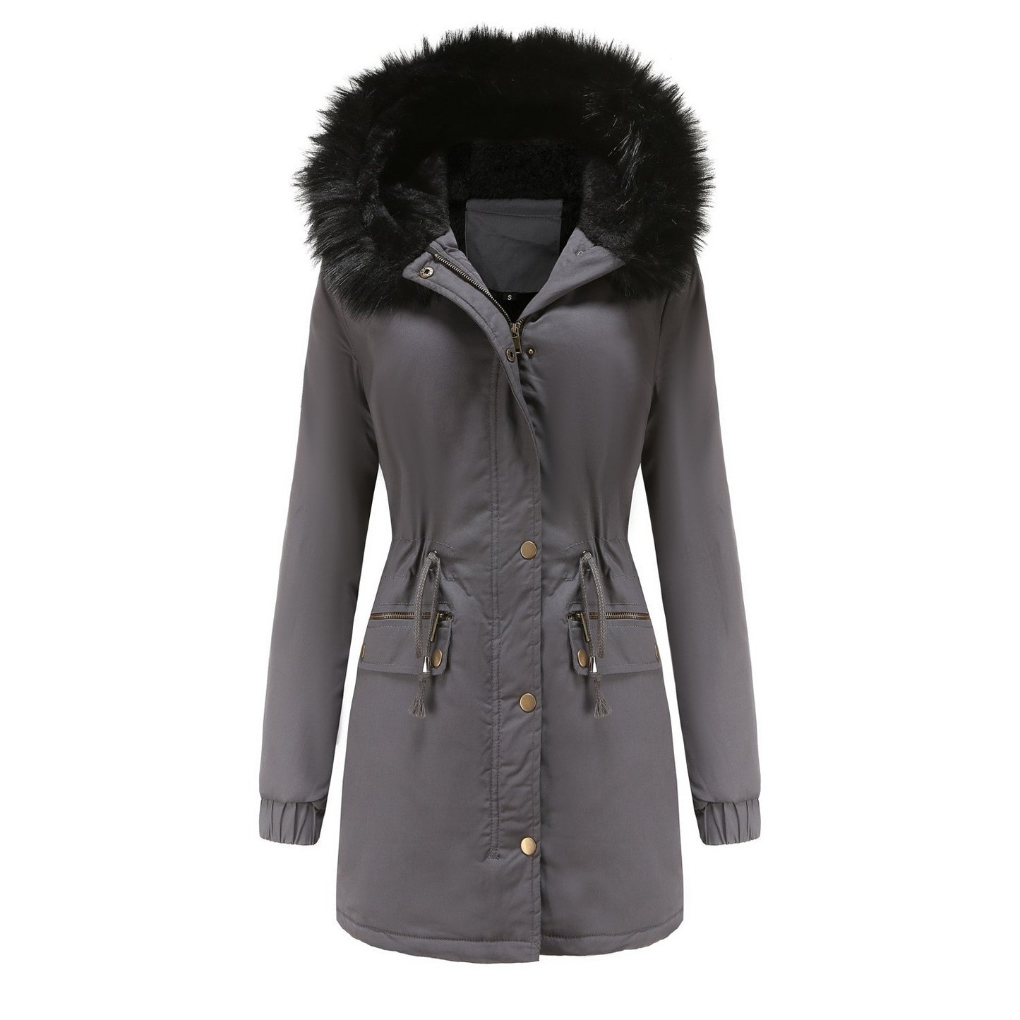 Web Based Women's Plush Hooded Parkas Winter Warm Thick  Zip-up Jackets Casual Mid-length Solid Buckle Pockets Coat Outerwear Clothing