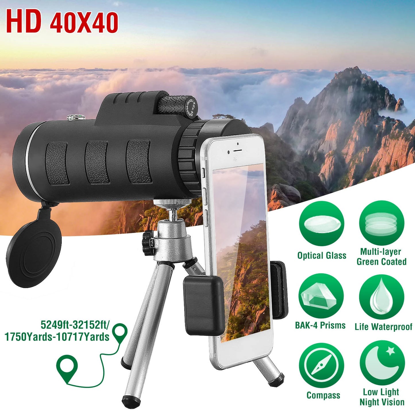 Web Based 1Pc 40 Plus 40 HD Optical Monocular Telescope With FMC Lens Low Light Vision Scope Phone Holder Tripod Compass For Bird Watching Hunting Camping Hiking Sport Event
