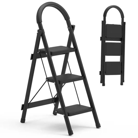 Web Based 3-Step Foldable Ladder With Wide Anti-Slip Pedal Safety Locking Design Soft Handgrip Portable Lightweight Folding Step Stool 330LBS Load Capacity For Household Kitchen Office