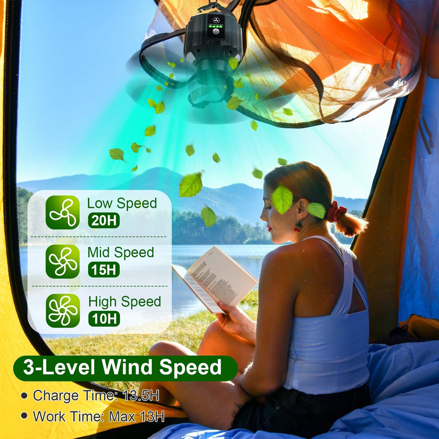 Web Based Portable Camping Ceiling LED Fan  USB Battery Powered Hanging Tent Lantern Fan Power Bank With 3 Fan Speed 3 Light Brightness Smart Timer Remote Control