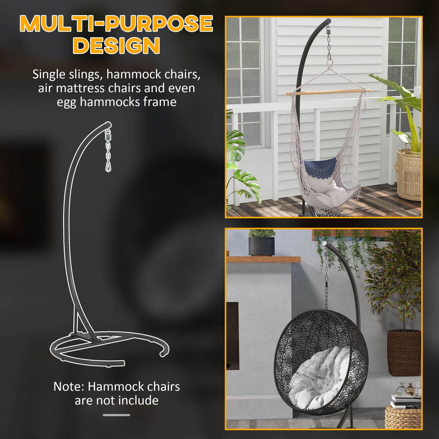 Web Based Hanging Hammock Chair Stand with Round Base, 40.2" x 76.8", Black