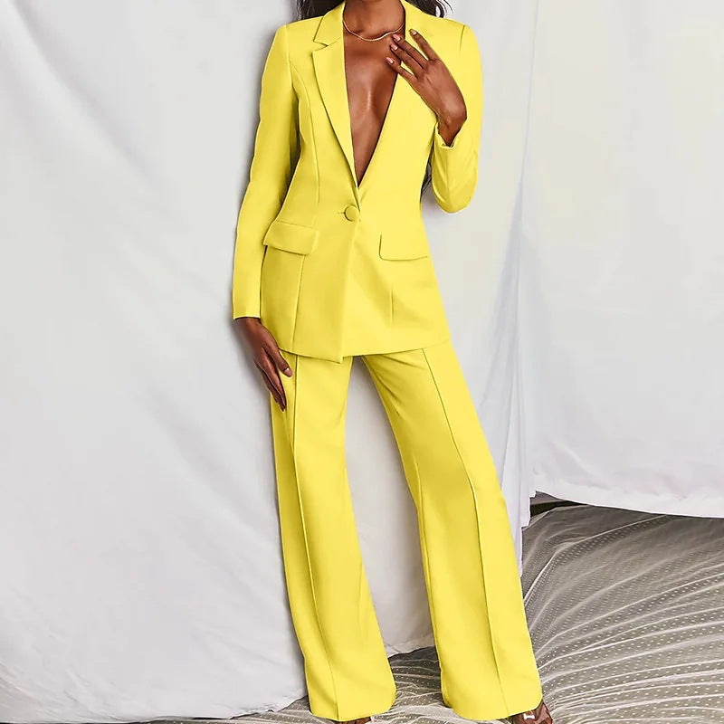 Web Based 2pcs Casual Suit Lapel Button-down Blazer Jacket And Straight-leg Pants Office Commuting Business Trousers Set Clothing
