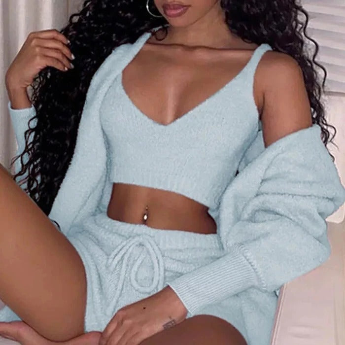 Web Based 3pcs Womens Clothing Long Sleeve Crop Tank Top And Drawstring Shorts Pajama Set