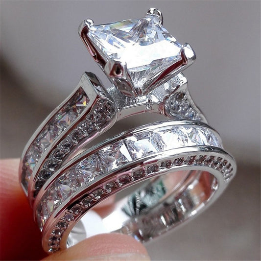 Web Based  Charm Couple Rings His Her Silver Color Princess Cut CZ Anniversary Promise Wedding Engagement Ring Sets