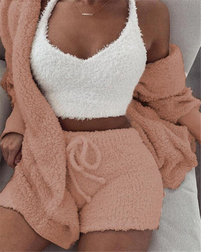 Web Based 3pcs Womens Clothing Long Sleeve Crop Tank Top And Drawstring Shorts Pajama Set