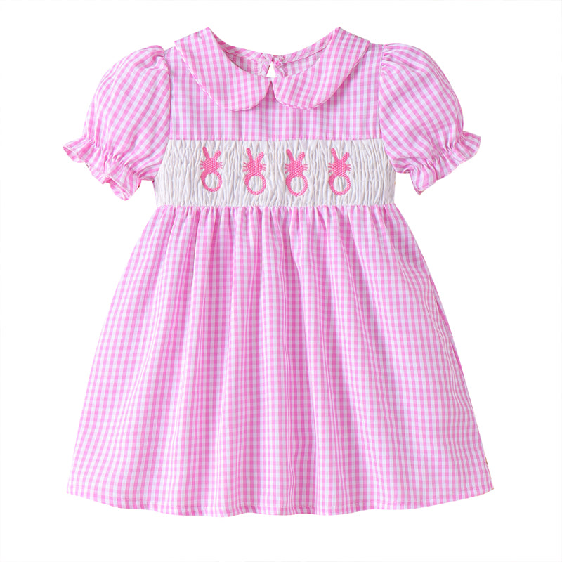 Web Based Toddler Girl's Lapel Bubble Sleeve Dress, Checkered Pattern & Bunny Embroidery A-Line Summer Dress