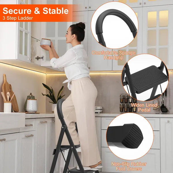 Web Based 3-Step Foldable Ladder With Wide Anti-Slip Pedal Safety Locking Design Soft Handgrip Portable Lightweight Folding Step Stool 330LBS Load Capacity For Household Kitchen Office