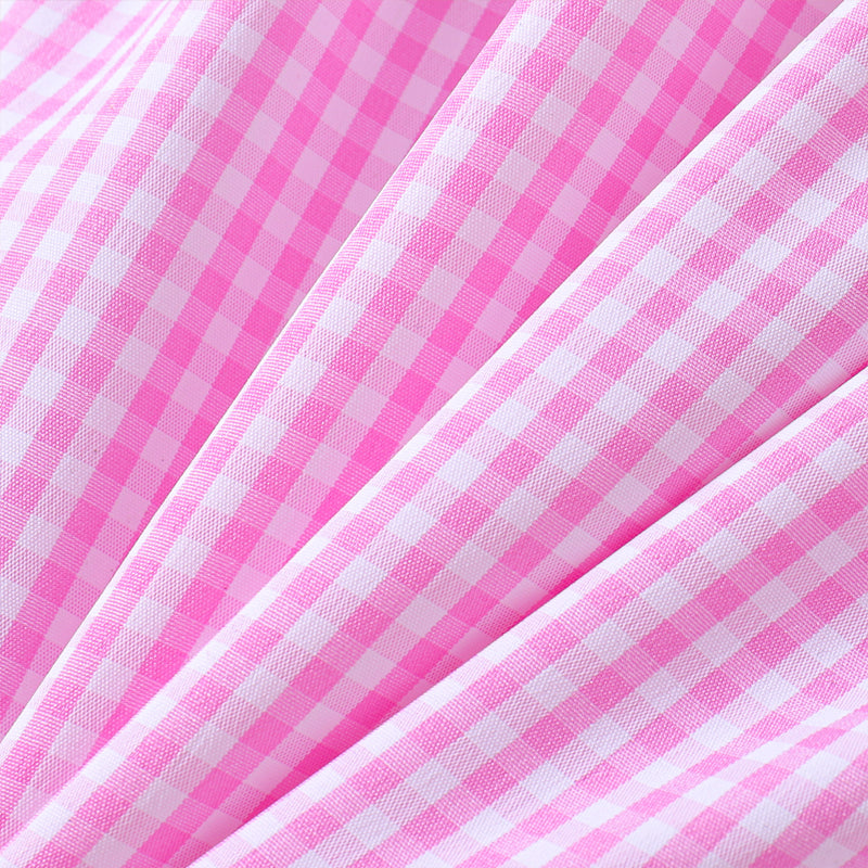 Web Based Toddler Girl's Lapel Bubble Sleeve Dress, Checkered Pattern & Bunny Embroidery A-Line Summer Dress