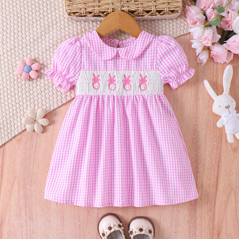 Web Based Toddler Girl's Lapel Bubble Sleeve Dress, Checkered Pattern & Bunny Embroidery A-Line Summer Dress