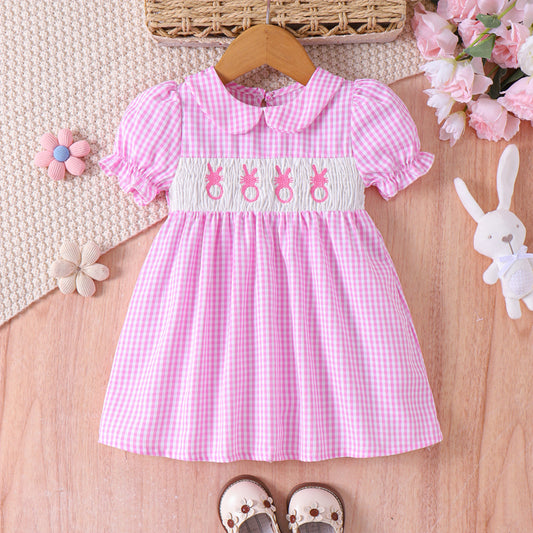 Web Based Toddler Girl's Lapel Bubble Sleeve Dress, Checkered Pattern & Bunny Embroidery A-Line Summer Dress