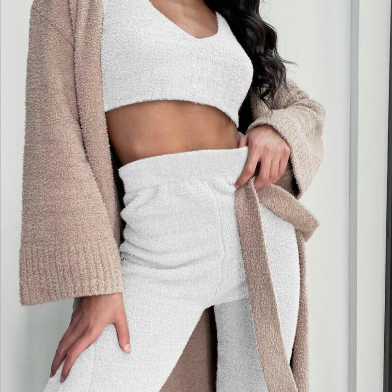 Web Based 3pcs Womens Clothing Long Sleeve Crop Tank Top And Drawstring Shorts Pajama Set