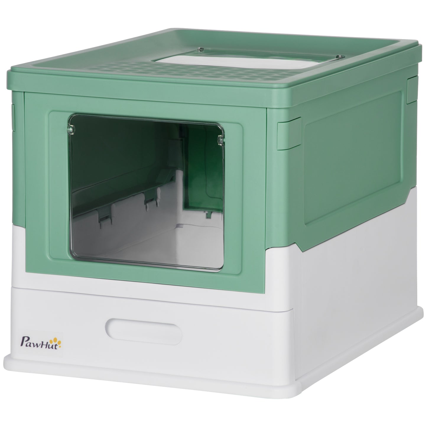 Web Based Fully Enclosed Cat Litter Box with Front Entry and Top Exit, Plastic, Green & White