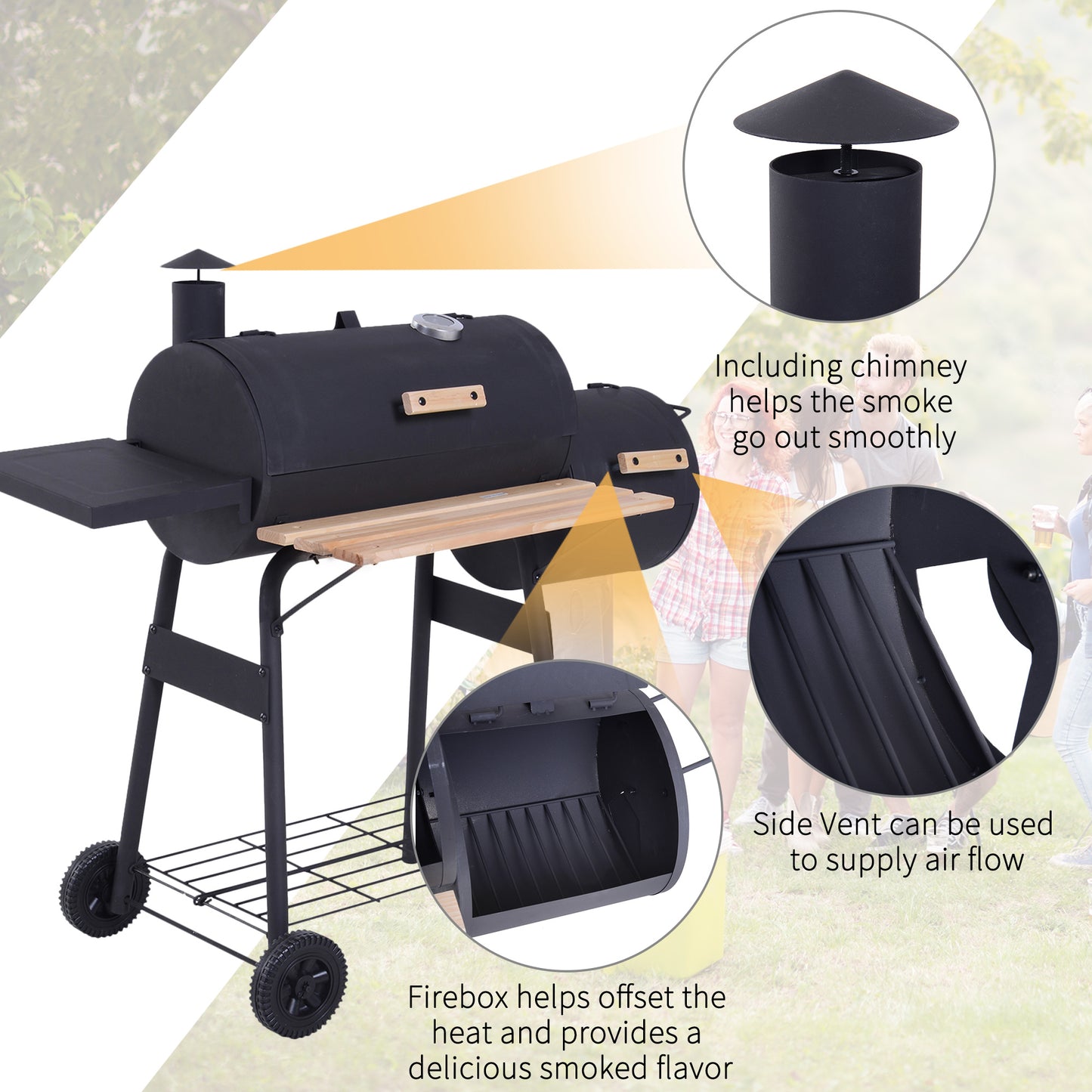 Web Based Charcoal BBQ, Portable Grill with Wheels, All-in-One Grill, Side vent, Two Shelves and Metal Grating, Lit-Mounted Thermometer, Wooden Handle, for Outdoor Cooking, Black