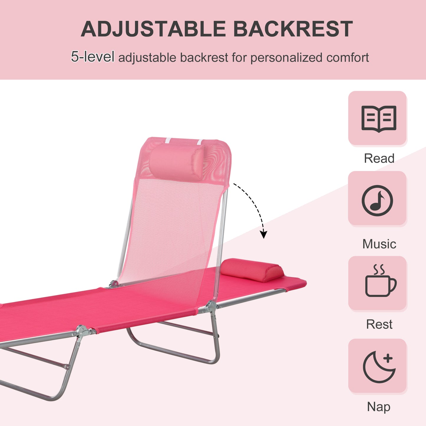 Web Based Folding Chaise Lounge Chair, Pool Sun Tanning Chair, Outdoor Lounge Chair with Reclining Back, Breathable Mesh Seat, Headrest for Beach, Yard, Patio, Pink