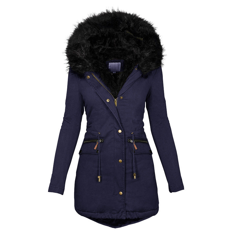 Web Based Women's Plush Hooded Parkas Winter Warm Thick  Zip-up Jackets Casual Mid-length Solid Buckle Pockets Coat Outerwear Clothing