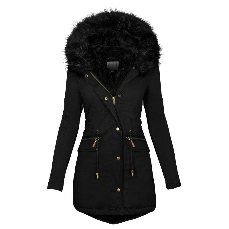 Web Based Women's Plush Hooded Parkas Winter Warm Thick  Zip-up Jackets Casual Mid-length Solid Buckle Pockets Coat Outerwear Clothing