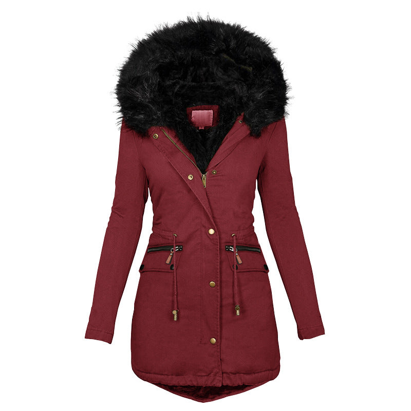 Web Based Women's Plush Hooded Parkas Winter Warm Thick  Zip-up Jackets Casual Mid-length Solid Buckle Pockets Coat Outerwear Clothing