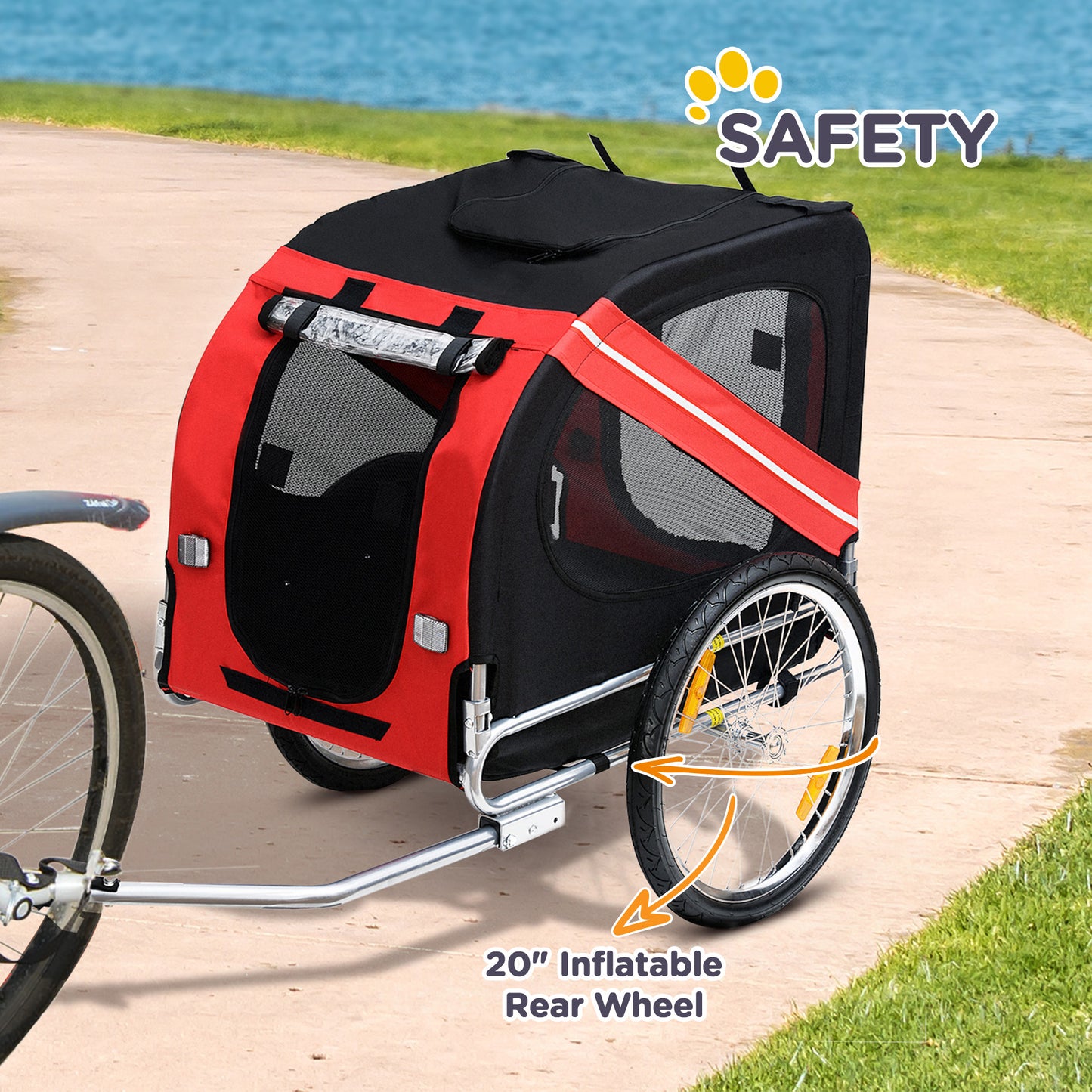 Web Based Dog Bike Trailer With Easy Folding Cart Frame, Large Wheels, 3 Entrances, Mesh Screen, For Dogs Within 44 Lbs, Red & Black