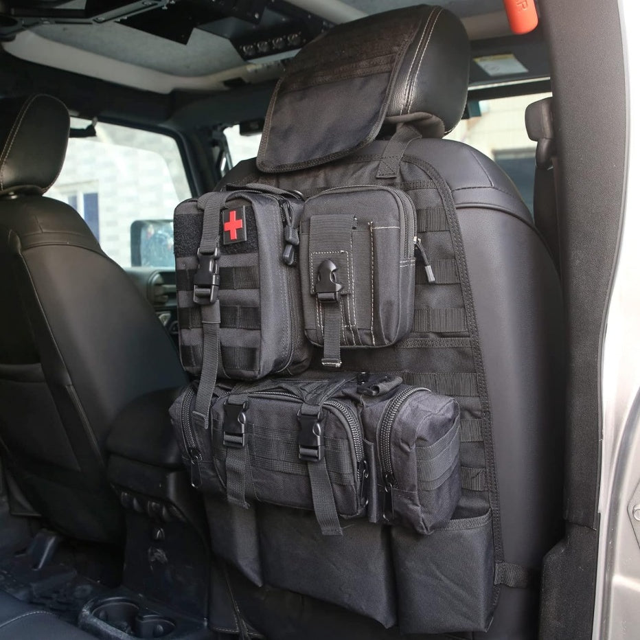 Web Based Universal Tactical Vehicle Back Seat Organizer With 3 Detachable Pouches