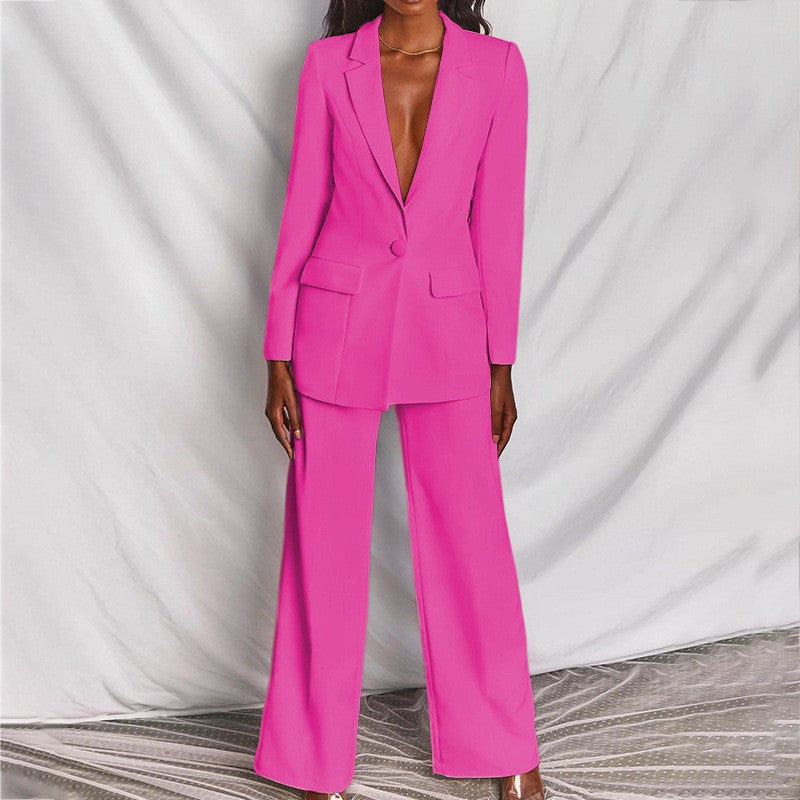 Web Based 2pcs Casual Suit Lapel Button-down Blazer Jacket And Straight-leg Pants Office Commuting Business Trousers Set Clothing