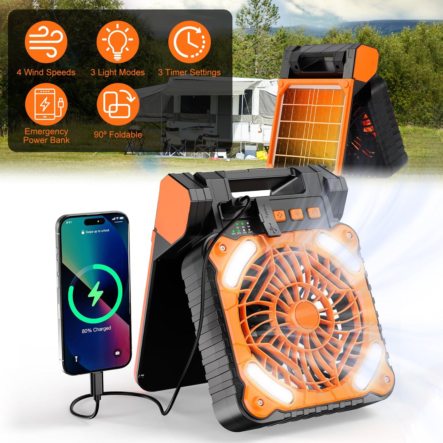Web Based Solar Camping Fan With LED Lantern 5200mAh Rechargeable Battery Operated Portable Fan With Emergency Power Bank 4 Wind Speeds 3 Light Modes 3 Timers For Hiking Fishing Travel
