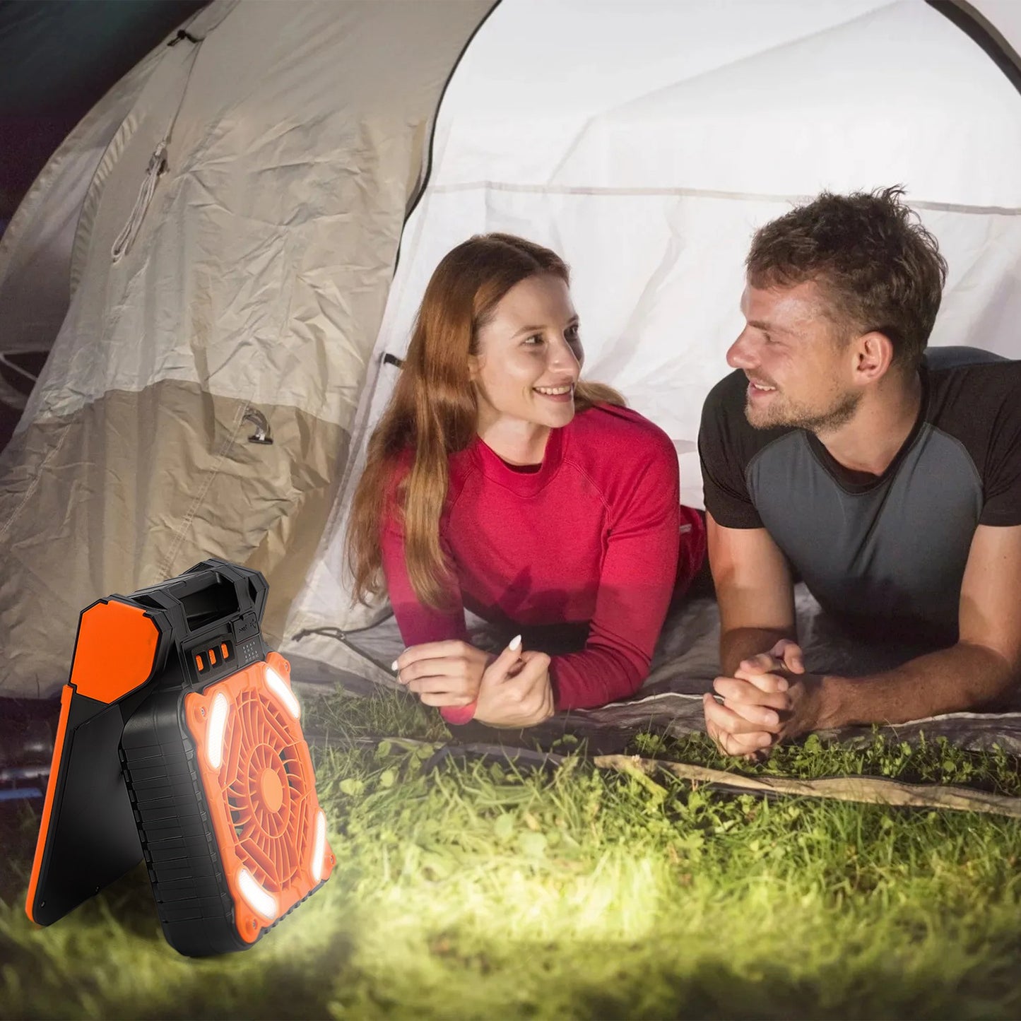 Web Based Solar Camping Fan With LED Lantern 5200mAh Rechargeable Battery Operated Portable Fan With Emergency Power Bank 4 Wind Speeds 3 Light Modes 3 Timers For Hiking Fishing Travel