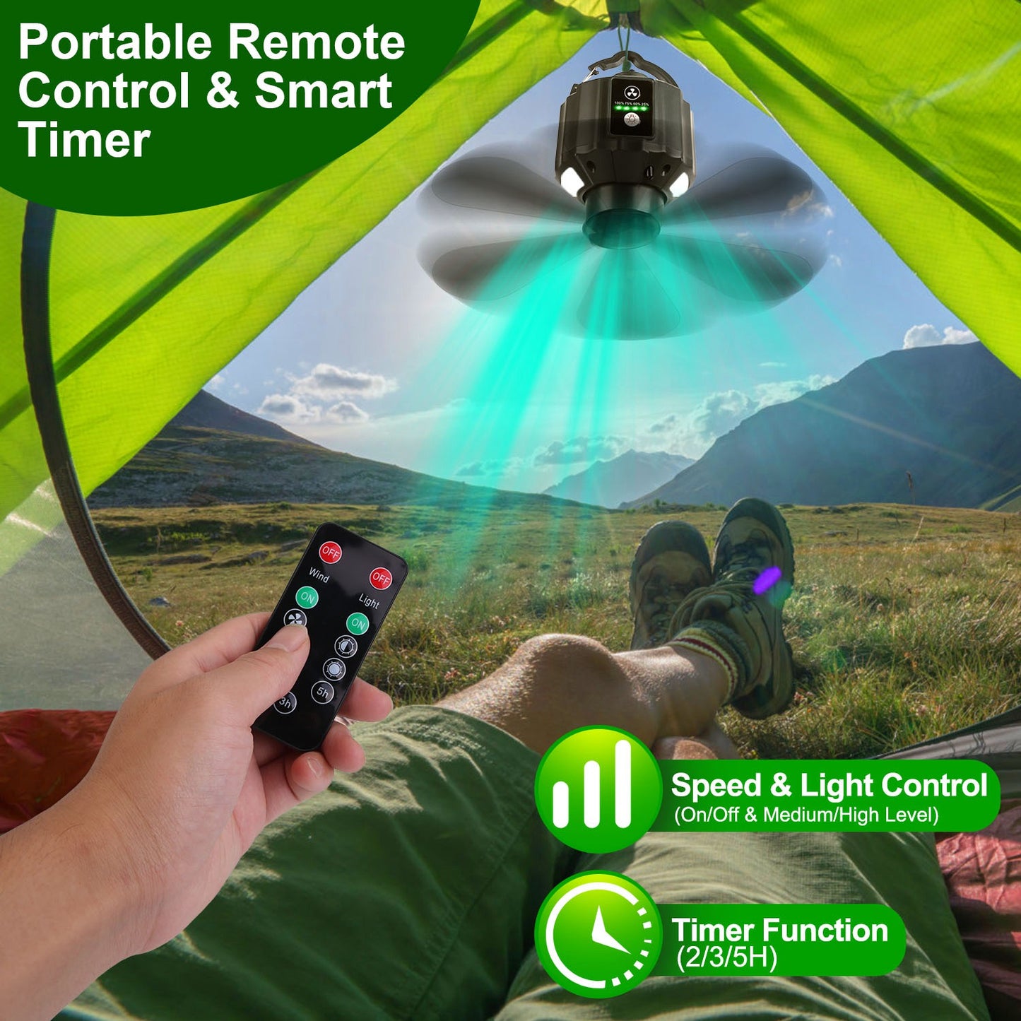 Web Based Portable Camping Ceiling LED Fan  USB Battery Powered Hanging Tent Lantern Fan Power Bank With 3 Fan Speed 3 Light Brightness Smart Timer Remote Control