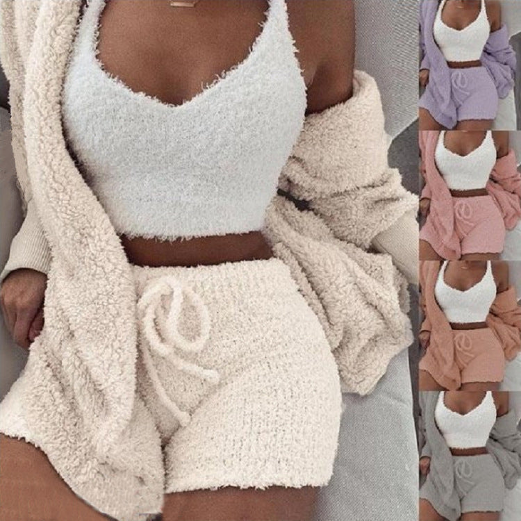 Web Based 3pcs Womens Clothing Long Sleeve Crop Tank Top And Drawstring Shorts Pajama Set