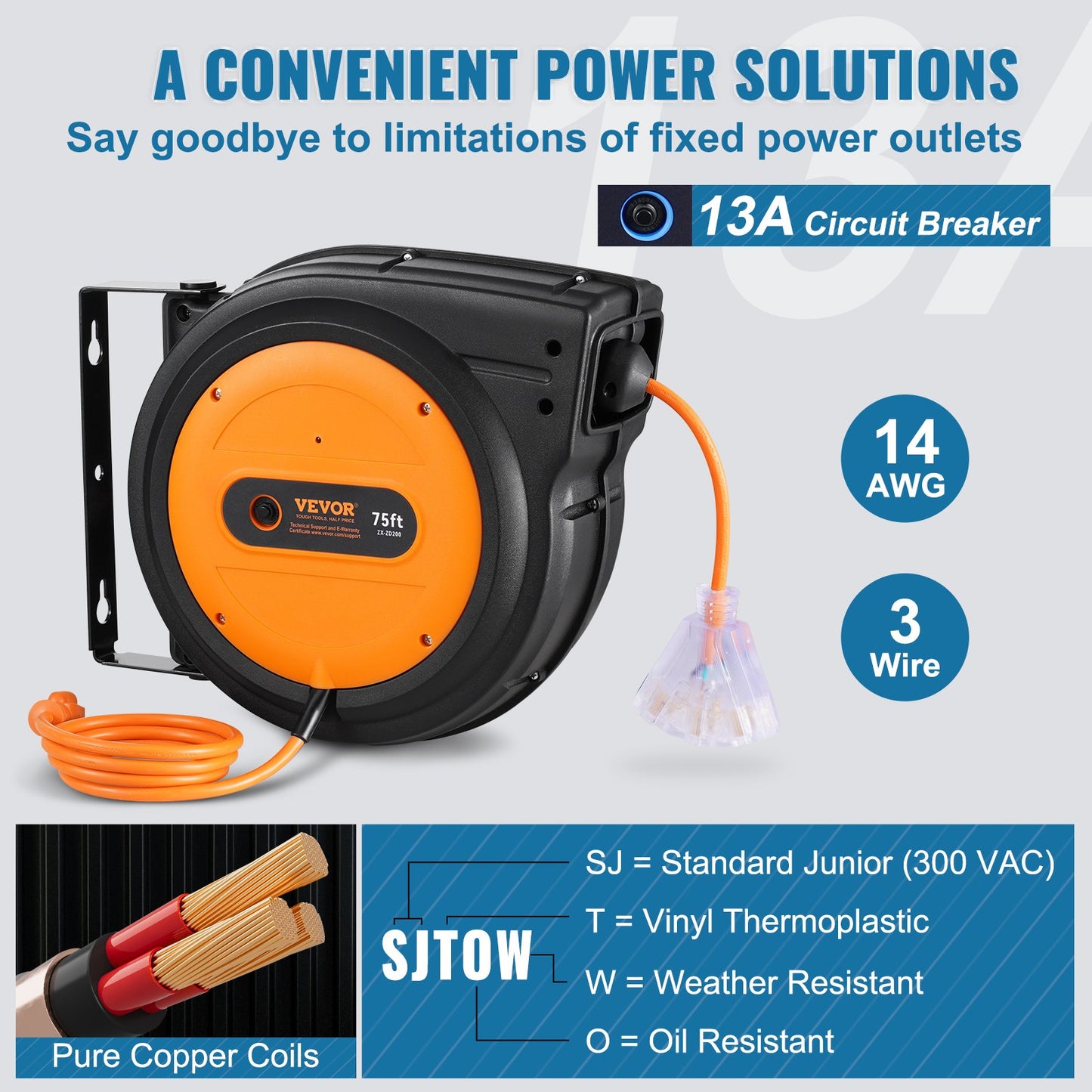 Web BasedRetractable Extension Cord Reel Power Cord Reel 75FT 14AWG/3C SJTOW