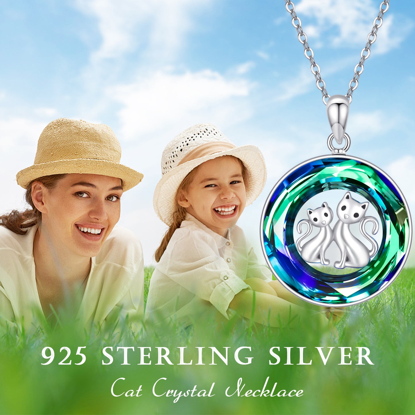 Web Based Crystal Circle Cat Pendant Necklace Sterling Silver
